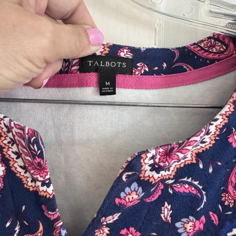 Talbots Dress Women's Sz‎ M Blue Pink Paisley Split Neck 3/4 Sleeve Lounge